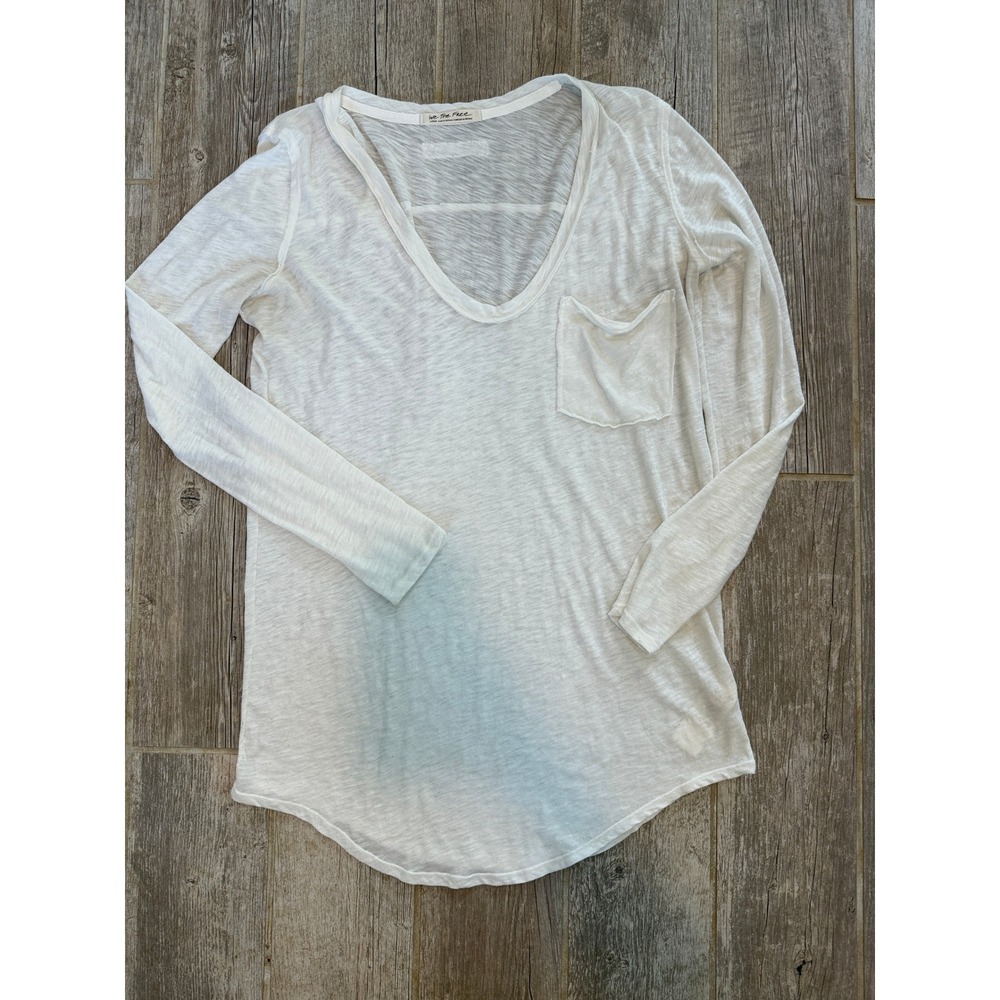 We The Free Long Sleeve Tee Women Large White Excellent Scoop Neck Pocket Slub
